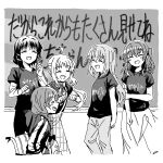  2girls ahoge alcohol_carton bocchi_the_rock! bow bowtie chalkboard classroom drink_carton forced_title_drop gotoh_hitori hellfire00001 highres hiroi_kikuri ijichi_nijika kessoku_band_logo kita_ikuyo long_hair long_sleeves meme monochrome multiple_girls open_mouth parody polka_dot polka_dot_bow polka_dot_bowtie scene_reference shirt short_hair smile trapezium wheelchair yamada_ryo 