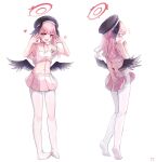  <|>_<|> 1girl :d absurdres alternate_costume arm_behind_back back bare_shoulders beret black_choker black_hat black_wings blue_archive blunt_bangs blush breasts choker clenched_hand clothes_lift collarbone commentary covering_ass covering_privates crop_top embarrassed feathered_wings feet flying_sweatdrops furrowed_brow halo hand_up hands_up happy hat head_wings heart highres jtmika koharu_(blue_archive) legs long_hair looking_at_viewer low_wings miniskirt multiple_views navel no_shoes nose_blush open_mouth outstretched_hand pantyhose pink_hair pink_shirt pink_skirt pleated_skirt red_eyes red_halo shirt signature simple_background skirt skirt_lift sleeveless sleeveless_shirt small_breasts smile soles standing stomach strap_slip thighband_pantyhose tiptoes toes twintails two-tone_shirt two-tone_skirt white_background white_pantyhose white_shirt white_skirt wind wind_lift winged_halo wings 
