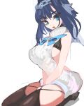  1girl absurdres bare_arms bare_shoulders blue_eyes blue_hair breasts chain chain_headband cleavage clothing_cutout commentary english_commentary hair_intakes heart-shaped_gem highres hololive hololive_english jewelry large_breasts looking_at_viewer medium_hair open_mouth ouro_kronii ouro_kronii_(1st_costume) pea_(poopingirl) pinstripe_pattern pinstripe_shirt ribbon shirt sideboob simple_background solo thighhighs underboob_cutout virgin_killer_sweater virtual_youtuber 