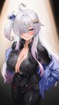  1girl absurdres ahoge ayul_(ayulneri_92) black_gloves blue_eyes blue_jacket breasts character_request commentary_request commission copyright_request gloves gradient_hair grey_hair hair_bobbles hair_ornament hair_over_one_eye hairclip hand_on_own_hip highres jacket large_breasts long_hair looking_at_viewer multicolored_hair one_side_up pink_hair solo white_jacket 