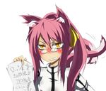  animal_ears blazblue blush cat_ears cat_tail fang glasses kiichi_(balsamico_su) kokonoe pince-nez pink_hair solo tail translation_request upper_body yellow_eyes 