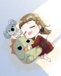 1girl brown_dress chibi chibi_only closed_eyes commentary_request dress gonzales_(love_live!) hasu_no_sora_school_uniform highres hugging_doll hugging_object kachimachi_kosuzu kanduki_kamibukuro koala_maneo long_sleeves love_live! love_live!_hasu_no_sora_jogakuin_school_idol_club lying medium_dress neckerchief on_side open_mouth pleated_dress sailor_collar sailor_dress school_uniform sleeping solo stuffed_dinosaur stuffed_koala virtual_youtuber white_sailor_collar winter_uniform yellow_neckerchief 