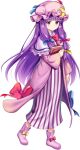 1girl blue_bow book boots bow bowtie closed_mouth crescent crescent_hat_ornament dress footwear_bow full_body game_asset hair_bow hat hat_ornament highres holding holding_book long_hair looking_at_viewer mob_cap multiple_hair_bows official_art patchouli_knowledge pink_boots pink_dress pink_hat purple_eyes purple_hair red_bow red_bowtie rotte_(1109) simple_background solo striped_clothes striped_dress third-party_source touhou touhou_lostword transparent_background vertical-striped_clothes vertical-striped_dress very_long_hair yellow_bow 