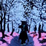 3d_(artwork) anthro bioluminescence bioluminescent_eyes bioluminescent_pawpads bioluminescent_plants black_body black_fur blender_(artwork) bone bowing canid canine canis clothing coat digital_media_(artwork) fur glowing hi_res kollodis kollodis_raine looking_at_viewer male mammal markings plant skull skull_creature skulldog_(species) solo topwear tree voidbourne wolf