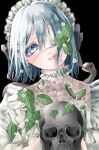  1girl absurdres bangs black_background black_nails blue_eyes blue_hair caterpillar collarbone commentary_request dress eyepatch flower furrowed_brow hair_between_eyes hands_up head_tilt highres hime_usausa holding holding_skull leaf medium_hair original parted_lips skull snake white_dress 