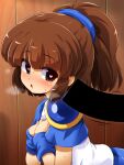  1girl arle_nadja armor bangs bar_censor blue_sleeves blue_wristband blush brown_eyes brown_hair censored commentary_request hands_on_own_chest heart heart-shaped_pupils konpeto madou_monogatari open_mouth pauldrons ponytail puyopuyo sexually_suggestive shirt short_sleeves shoulder_armor single_pauldron steaming_body sweat symbol-shaped_pupils white_shirt wrist_cuffs 