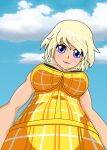  bad_source big_eyes blonde_hair blue_eyes blush breasts dere_chan dress highres large_breasts looking_at_viewer looking_down self_upload sleepy_fox sundress wifu-box yellow_dress 