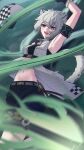  1girl :d absurdres animal_ear_fluff animal_ears arknights arm_strap arm_up armpits belt black_gloves black_shorts blue_eyes breasts cliffheart_(arknights) crop_top fur-trimmed_gloves fur_trim gloves grappling_hook grey_hair headwear_removed highres kimo_suna leopard_ears leopard_girl leopard_tail looking_at_viewer medium_breasts midriff navel open_mouth short_hair shorts smile solo tail teeth upper_teeth white_headwear 