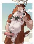  anthro antlers balls beverage capreoline cervid coffee coffee_mug don_(blitzthedurr) genitals harness hi_res holding_penis horn humanoid_genitalia humanoid_penis looking_at_viewer male mammal musclegut penis presenting presenting_penis reindeer slightly_chubby solo twistedhound 
