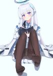 absurdres blue_archive book commentary_request halo headphones highres jacket leg_up looking_at_viewer necktie no_shoes noa_(blue_archive) panties panties_under_pantyhose pantyhose pen purple_eyes sitting smile underwear uniform uro_kohara white_background writing 