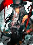  1other absurdres bare_shoulders blood blood_drip collared_shirt eyeshadow formal guilty_gear guilty_gear_strive hat highres holding holding_scythe holding_weapon long_hair looking_at_viewer makeup red_eyes red_nails scythe shaded_face shirt solo testament_(guilty_gear) top_hat weapon yohane_shimizu 