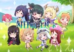  6+girls :d ;d absurdres ahoge bag bangs black_coat black_hair blonde_hair blue_eyes blue_hair blue_shorts blunt_bangs buttons cape chibi closed_mouth coat commentary copyright_name dark_blue_hair dark_green_hair day double-breasted dress fairy flower genjitsu_no_yohane goggles goggles_on_headwear grass green_dress green_eyes green_headwear hair_bun hair_flower hair_ornament head_scarf highres holding holding_staff horns kunikida_hanamaru kurosawa_dia kurosawa_ruby light_brown_hair long_hair looking_at_viewer love_live! love_live!_sunshine!! matsuura_kanan monocle multiple_girls ohara_mari one_eye_closed open_clothes open_coat open_mouth orange_eyes orange_hair orange_headwear outdoors pink_coat pink_headwear ponytail purple_cape purple_eyes red_coat red_eyes red_hair sakurauchi_riko shirt short_twintails shorts shoulder_bag single_bang single_side_bun sleeveless sleeveless_shirt smile sparkle staff syocolatie takami_chika trapper_hat tsushima_yoshiko twintails two-tone_coat v_over_eye watanabe_you white_shirt yellow_dress yellow_eyes 