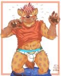  akitainumaru2 anthro blush bottomwear bottomwear_down bulge clothed clothing hi_res hyaenid male mammal pants pants_down partially_clothed solo spotted_hyena underwear 