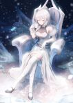  1girl absurdres bare_shoulders breasts bronya_zaychik caisena chair closed_eyes cup elbow_gloves full_body gloves grey_hair hair_between_eyes highres holding holding_cup honkai_(series) honkai_impact_3rd long_hair medium_breasts sitting solo thighhighs white_gloves white_thighhighs 
