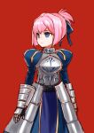  1girl armor armored_dress artoria_pendragon_(fate) blue_dress blue_eyes cosplay dress expressionless fate/stay_night fate_(series) gauntlets hair_ribbon juliet_sleeves kantai_collection kutouten long_sleeves looking_to_the_side pink_hair puffy_sleeves red_background ribbon saber saber_(cosplay) shiranui_(kancolle) short_ponytail solo 