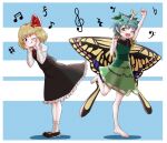  2girls alinoce716 antennae aqua_hair arm_up barefoot bass_clef beamed_sixteenth_notes black_footwear black_skirt black_vest blonde_hair blush butterfly_wings closed_mouth collared_shirt dress eighth_note eighth_rest eternity_larva fairy flat_sign forte_(symbol) green_dress highres leaf leaf_on_head long_sleeves multicolored_clothes multicolored_dress multiple_girls musical_note one_eye_closed open_mouth orange_eyes quarter_rest red_eyes rumia sharp_sign shirt shoes short_hair short_sleeves skirt smile socks tongue tongue_out touhou treble_clef vest white_shirt white_socks wings 