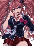  1girl :d bangs bear_hair_ornament black_bra black_choker black_necktie black_shirt blue_eyes blush bow bra breasts choker cleavage cowboy_shot danganronpa:_trigger_happy_havoc danganronpa_(series) enoshima_junko geruidoshifa grey_background grey_necktie hair_ornament large_breasts long_hair looking_at_viewer miniskirt nail_polish necktie open_mouth pink_bow pink_nails red_skirt shiny shiny_hair shirt shirt_bow simple_background skirt smile solo teeth tongue twintails underwear 