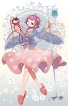  1girl :d absurdres blue_shirt floral_print frilled_sleeves frills full_body hair_ornament hairband heart highres komeiji_satori long_sleeves looking_at_viewer novadada one_eye_closed pink_skirt shirt short_hair skirt slippers smile solo third_eye touhou wide_sleeves 