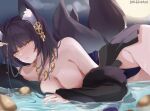  1girl absurdres animal_ear_fluff animal_ears azur_lane bangs black_hair breasts cleavage dolechan facial_mark fox_ears fox_girl fox_tail fur_trim highres japanese_clothes jewelry kimono kitsune large_breasts long_hair looking_at_viewer magatama magatama_necklace musashi_(azur_lane) necklace solo tail very_long_hair water wet yellow_eyes 