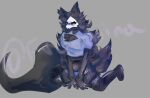  anthro black_body black_fur blush canid canine canis changed_(video_game) clothing crop_top female fishnet froobina fur goo_creature legwear mammal mask panties puro_(changed) shirt sitting solo thigh_highs topwear underwear wolf 