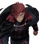  1boy bangs black_cape blood blood_on_face cape closed_mouth commentary_request grey_eyes jacket lance_(pokemon) long_sleeves male_focus pokemon pokemon_(game) pokemon_hgss red_hair short_hair simple_background solo spiked_hair white_background y_(036_yng) 