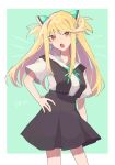  1girl :d bangs black_dress blonde_hair bow cheese_dakke collared_shirt dress earrings hair_bow hand_on_hip highres jewelry long_hair mythra_(xenoblade) open_mouth pinafore_dress shirt short_sleeves smile solo white_shirt xenoblade_chronicles_(series) xenoblade_chronicles_2 yellow_eyes 