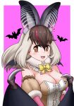  1girl adansosutega animal_costume animal_ears bat_(animal) bat_wings bow bowtie breasts brown_eyes brown_hair brown_long-eared_bat_(kemono_friends) elbow_gloves extra_ears gloves grey_hair highres kemono_friends kemono_friends_v_project large_breasts leotard long_hair looking_at_viewer multicolored_hair open_mouth pink_background pink_hair scarf solo virtual_youtuber wings 