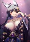  1girl ahoge animal_ears azur_lane bangs bare_shoulders black_hair blush breasts cleavage facial_mark fingernails fox_ears fur-trimmed_kimono fur_trim hair_ornament highres huge_breasts japanese_clothes jewelry kimono long_fingernails long_hair looking_at_viewer magatama magatama_necklace musashi_(azur_lane) necklace off_shoulder parted_lips purple_background shimotsuki_shio sidelocks smile solo sparkle_background upper_body wet wide_sleeves yellow_eyes 
