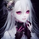  1girl ai-generated fantasy gothic gothic_lolita lolita_fashion long_hair original pale_skin proto_jp purple_eyes straight_hair white_hair 