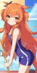  1girl animal_ears blue_one-piece_swimsuit breasts brown_ribbon ear_ribbon highres horse_ears horse_girl horse_tail inuyama_nanami long_hair looking_at_viewer mayano_top_gun_(umamusume) one-piece_swimsuit orange_hair pool ribbon small_breasts smile solo swimsuit tail two_side_up umamusume water wet wet_clothes wet_swimsuit 