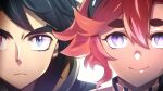  1boy 1girl black_hair black_hairband blue_eyes close-up gundam gundam_suisei_no_majo gundam_tekketsu_no_orphans hairband highres looking_at_viewer mikazuki_augus purple_eyes red_hair short_hair silly_(marinkomoe) smile suletta_mercury 