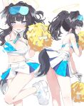  1girl animal_ears black_hair blue_archive blue_eyes blush breasts cheerleader cleavage clothes_lift dog_ears dog_tail half-closed_eyes hibiki_(blue_archive) hibiki_(cheerleader)_(blue_archive) highres open_mouth pom_pom_(cheerleading) pom_pom_(clothes) skirt skirt_lift solo sweatdrop tail tibaridooor visor_cap 