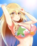  1girl :p arm_behind_head armpits arms_up bikini blonde_hair blue_sky breasts cleavage hair_between_eyes highres kumaisao large_breasts long_hair looking_at_viewer navel shokuhou_misaki sky smile solo sparkling_eyes star_(symbol) star_print sun swimsuit toaru_kagaku_no_mental_out toaru_majutsu_no_index tongue tongue_out upper_body v white_bikini yellow_eyes 