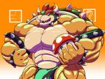  2022 abs anthro armband barazoku biceps big_bulge big_muscles big_pecs bowser bracelet bulge clothed clothing collar eyebrows flexing fungus gradient_background hair holding_mushroom holding_object horn huge_bulge huge_muscles huge_pecs huge_thighs hyper hyper_muscles jewelry joeyvally koopa male mario_bros muscular muscular_anthro muscular_male mushroom navel nintendo obliques open_mouth open_smile orange_background pecs quads scalie shell simple_background smile solo spiked_armband spiked_bracelet spiked_collar spiked_shell spikes spikes_(anatomy) standing teeth text thick_thighs thong tongue topless topless_anthro topless_male underwear url video_games 