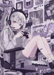  1girl :o absurdres bandaid bandaid_on_leg black_bow black_ribbon blush bow cat_ear_headphones chair clock commentary controller from_below game_controller gomapiyo_(gmpy_oaio) grey_hair grey_shorts grey_vest hair_between_eyes hair_ornament hair_ribbon hairclip headphones heart-shaped_picture_frame highres holding holding_controller holding_game_controller joystick long_sleeves looking_at_viewer looking_down office_chair open_mouth original picture_frame ponytail poster_(object) purple_eyes purple_theme ribbon shirt shorts sidelocks sitting socks solo sticker symbol-only_commentary symbol-shaped_pupils vest wall_clock white_footwear white_shirt white_socks x-shaped_pupils x_hair_ornament 