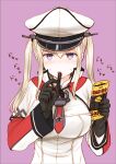  1girl absurdres black_gloves blonde_hair breasts capelet gloves graf_zeppelin_(kancolle) haribo hat highres kantai_collection kutouten large_breasts licorice_(food) military military_hat military_uniform purple_eyes sidelocks solo sweat twintails uniform upper_body 