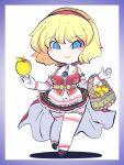  1girl alice_margatroid apple basket black_skirt blonde_hair blue_eyes border cape closed_mouth commission cosplay elbow_gloves food fried_rice0614 fruit full_body gloves golden_apple hairband highres idunn_(megami_tensei) idunn_(megami_tensei)_(cosplay) jewelry looking_at_viewer pendant purple_border red_hairband short_hair simple_background skeb_commission skirt smile solo thighhighs touhou white_background white_gloves white_thighhighs 