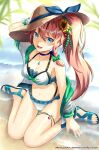  antenna_hair beach bikini blue_eyes braid breasts choker cleavage dragalia_lost flower hair_ornament hat high_ponytail highres jacket jewelry large_breasts louise_(dragalia_lost) navel necklace open_clothes open_jacket pink_hair ryo-suzuki sandals side_braid sitting smile solo sun_hat sunflower swimsuit water 