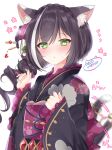  1girl :o absurdres animal_ear_fluff animal_ears artist_name bangs black_hair blush braid cat_ears cat_girl cat_tail floral_print french_braid frills gem green_eyes hair_ornament highres japanese_clothes karyl_(new_year)_(princess_connect!) karyl_(princess_connect!) kimono long_hair looking_at_viewer motion_lines multicolored_hair neco_meito obi playing_with_own_hair princess_connect! sash signature solo streaked_hair tail tail_wagging upper_body white_background white_hair wide_sleeves 