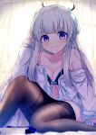  1girl bare_shoulders black_bra black_pantyhose blue_archive blush bra breasts cleavage grey_hair hair_ornament jacket long_hair looking_at_viewer noa_(blue_archive) open_clothes open_jacket pantyhose purple_eyes smile solo underwear very_long_hair 