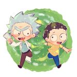  2boys brown_hair chibi coat grandfather_and_grandson labcoat messy_hair morty_smith multiple_boys portal_(object) rick_and_morty rick_sanchez shirt short_hair spiked_hair unibrow user_krry3534 white_coat white_hair yellow_shirt 