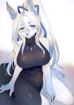  accessory anthro biped black_nose blue_body blue_fur blue_hair breasts canid canine cheek_tuft clothing dress eyebrows eyelashes facial_tuft female fur hair hair_accessory hair_ribbon hi_res htg inner_ear_fluff kemono kneeling long_hair looking_at_viewer mammal multicolored_body multicolored_fur multicolored_hair navel_outline ponytail purple_eyes ribbons smile solo thick_eyebrows tuft two_tone_body two_tone_fur two_tone_hair white_body white_fur white_hair 