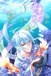  1boy air_bubble black_gloves blue_eyes blue_hair braid bubble edmond_(nu_carnival) gloves highres japanese_clothes kimono koi light_blue_hair long_hair long_sleeves looking_at_another low_ponytail male_focus mobugorilla nu_carnival smile solo underwater 