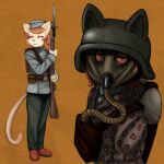  1:1 2022 anthro armor callmewritefag camo camo_clothing camo_print clothed clothing cyberconnect2 digital_drawing_(artwork) digital_media_(artwork) digital_painting_(artwork) domestic_cat felid feline felis female fuga:_melodies_of_steel fur gas_mask hair headgear helmet little_tail_bronx looking_at_viewer mammal mask military muscat_(fuga) pattern_clothing portrait ranged_weapon shaded shirt simple_background sketch solo topwear uniform video_games weapon 