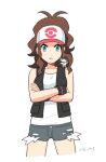  1boy 1girl antenna_hair baseball_cap black_vest brown_hair chibi closed_mouth commentary_request cowboy_shot crossed_arms eyelashes green_eyes grey_shorts hat high_ponytail hilda_(pokemon) looking_at_viewer n_(pokemon) pokemon pokemon_(game) pokemon_bw shirt short_shorts shorts sidelocks signature simple_background vest white_background white_shirt wristband y_(036_yng) 