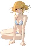  1girl :/ arm_support bangs bare_shoulders bikini blonde_hair blunt_bangs blush boku_no_hero_academia breasts cleavage closed_mouth collarbone diagonal-striped_bikini double_bun full_body grey_bikini hair_bun highres light_frown looking_at_viewer medium_breasts messy_hair nail_polish navel on_floor pink_nails print_bikini rasusurasu short_hair_with_long_locks sidelocks simple_background sitting solo swimsuit toga_himiko tsurime white_background yellow_eyes yokozuwari 