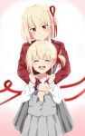  2girls aged_down bangs blonde_hair blush blush_stickers bob_cut closed_eyes closed_mouth collared_shirt commentary_request dress dual_persona grey_dress hair_ribbon highres hug hug_from_behind lieass lycoris_recoil lycoris_uniform multiple_girls nishikigi_chisato open_mouth pleated_dress red_dress red_eyes red_ribbon ribbon shirt short_hair smile time_paradox two-tone_dress upper_body white_shirt 