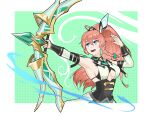  absurdres antenna_hair armor arms_up bad_link black_bra blue_eyes bow_(weapon) bra braid breasts cleavage collar detached_sleeves dragalia_lost hair_ornament high_ponytail highres large_breasts long_hair louise_(dragalia_lost) paperweight_joe pink_hair shirt sideboob smile solo underwear weapon white_shirt wind 