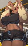  anthro big_breasts breasts brown_body clothed clothing female generation_4_pokemon hi_res inside looking_at_viewer lopunny nintendo pokemon pokemon_(species) red_eyes solo tp10 video_games 