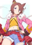  1girl animal_ears bangs belt blue_eyes blue_pants brown_belt brown_hair closed_mouth crop_top cutoff_jeans cutoffs denim ear_ornament fur-trimmed_collar hand_on_hip highres horse_ears horse_girl jacket jeans kamuraaa_615 long_bangs looking_at_viewer narita_taishin_(umamusume) navel open_clothes open_jacket pants pink_jacket shirt short_hair solo torn_clothes torn_jeans torn_pants umamusume yellow_shirt 